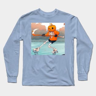 Ice Hockey playing skeleton Halloween Digital Art Funny Long Sleeve T-Shirt